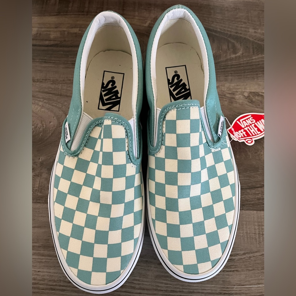 Vans Womens Slip-On Sneakers - Aqua and White Checkered, size 8.5